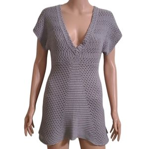 Calvin Klein Jeans Sweater Women Grey Open Cable Knit  V‎ Neck Short Sleeve Sz M